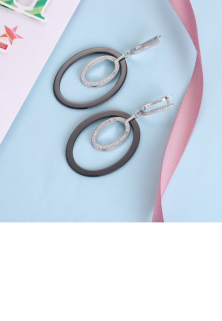 925 Sterling Silver Fashion Oval Earrings with Black Ceramic and Crystal