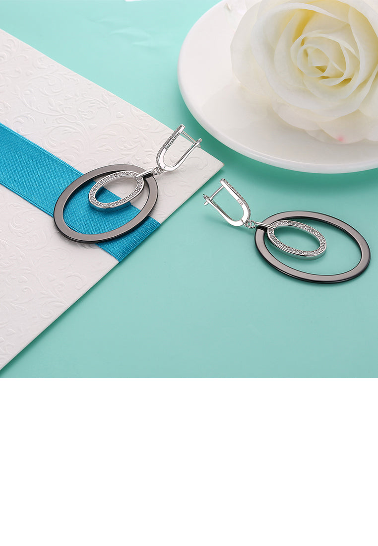925 Sterling Silver Fashion Oval Earrings with Black Ceramic and Crystal
