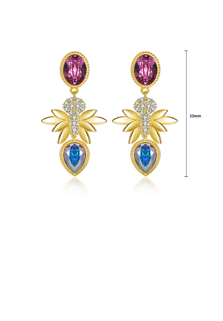 925 Sterling Silver Gold Plated Elegant Romantic Fashion Honeybee Earrings with Austrian Element Crystal