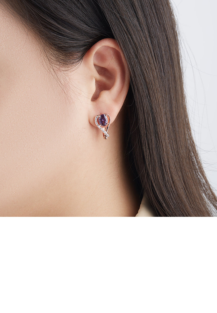 Fashion Simple Plated Rose Gold Heart-shaped Earrings with Purple Cubic Zirconia - Luxurious Look