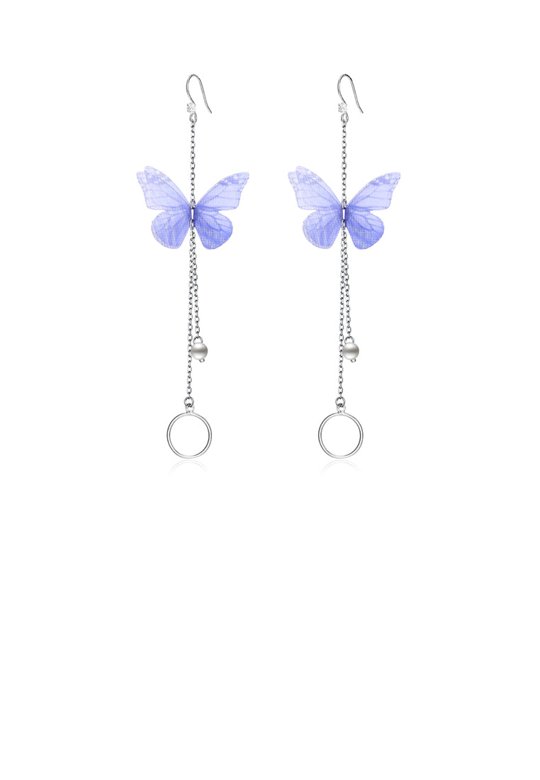 925 Sterling Silver Elegant Sweet and Romantic Blue Lace Butterfly Long Tassel Earrings with Pearl - Luxurious Look
