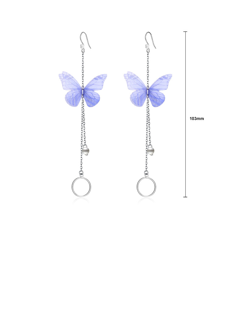 925 Sterling Silver Elegant Sweet and Romantic Blue Lace Butterfly Long Tassel Earrings with Pearl - Luxurious Look