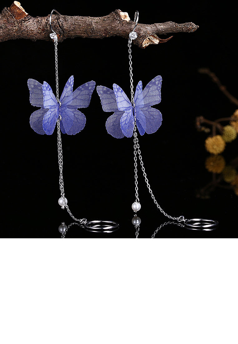925 Sterling Silver Elegant Sweet and Romantic Blue Lace Butterfly Long Tassel Earrings with Pearl - Luxurious Look