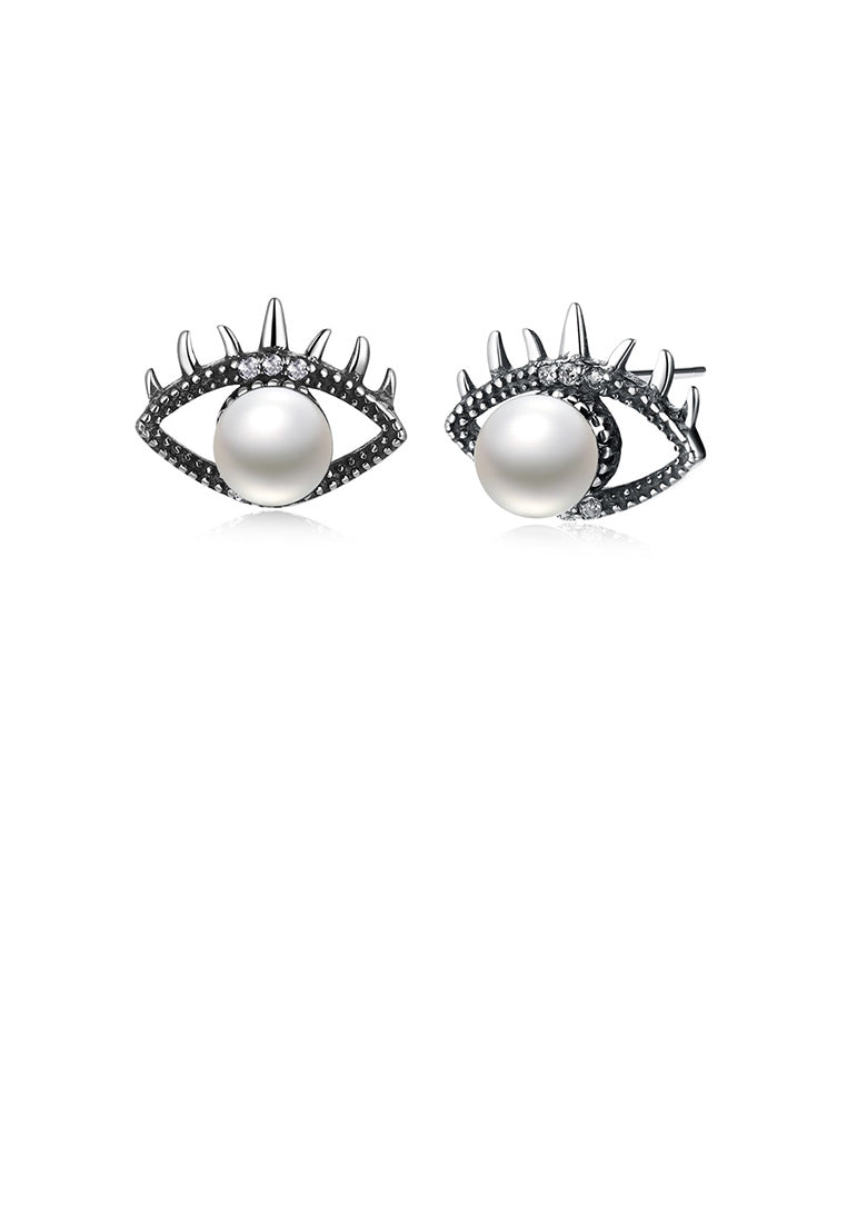 925 Sterling Silver Vintage Fashion Eye Pearl Stud Earrings - Luxurious Look