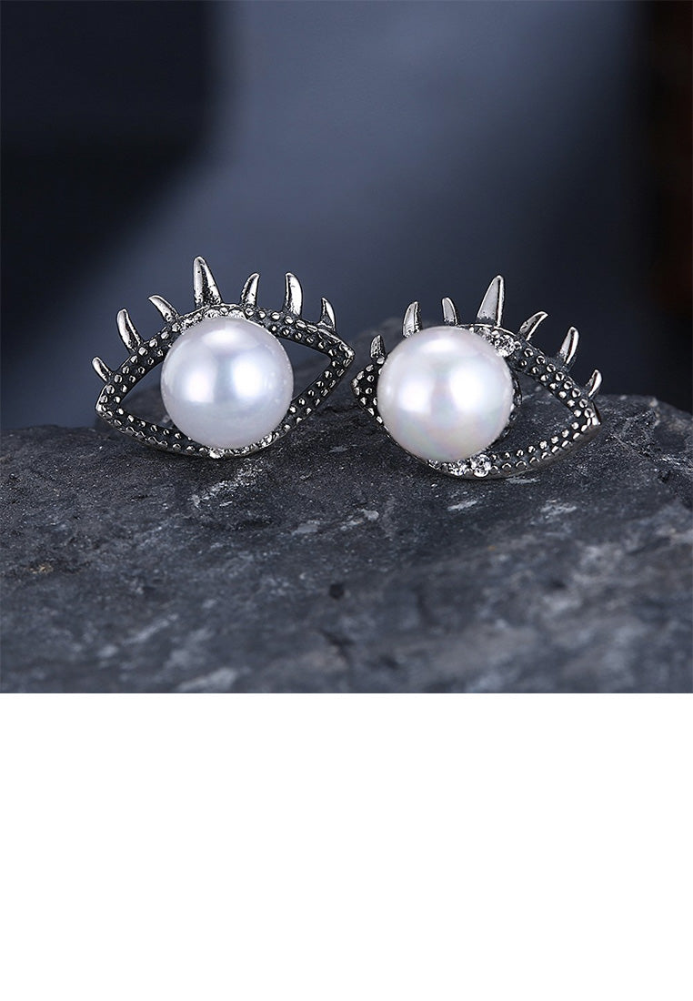 925 Sterling Silver Vintage Fashion Eye Pearl Stud Earrings - Luxurious Look