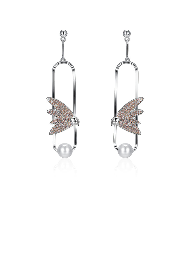 925 Sterling Silver Elegant Delicate Fashion Bird Little Swallow Pearl Earrings with Champagne Austrian Element Crystal - Luxurious Look