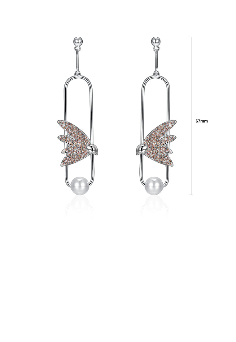 925 Sterling Silver Elegant Delicate Fashion Bird Little Swallow Pearl Earrings with Champagne Austrian Element Crystal - Luxurious Look