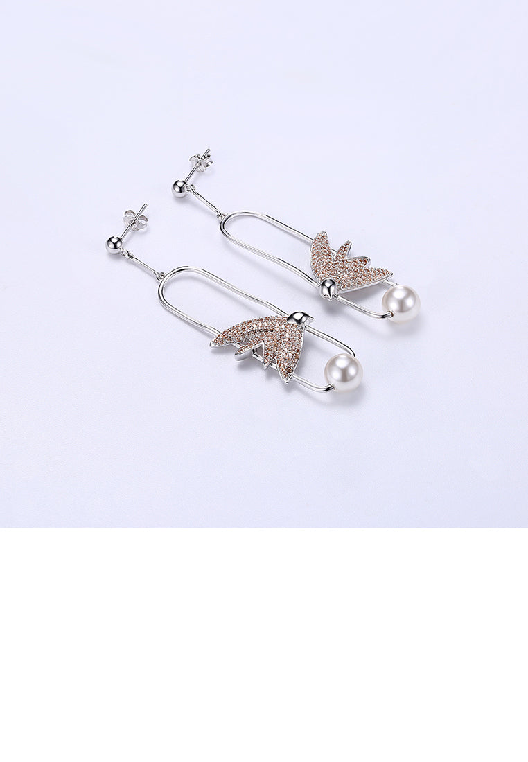 925 Sterling Silver Elegant Delicate Fashion Bird Little Swallow Pearl Earrings with Champagne Austrian Element Crystal - Luxurious Look