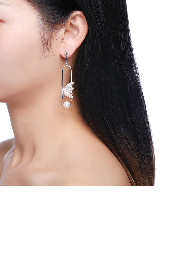 925 Sterling Silver Elegant Delicate Fashion Bird Little Swallow Pearl Earrings with Champagne Austrian Element Crystal - Luxurious Look