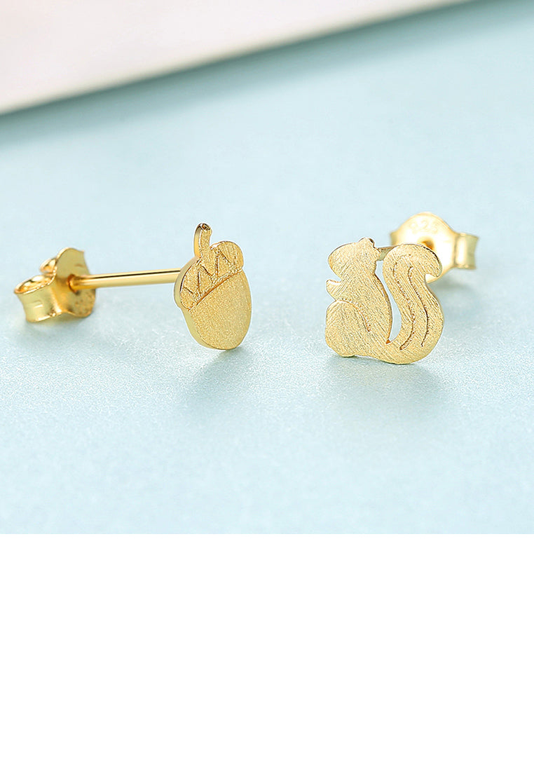 925 Sterling Silver Plated Gold Simple Cute Squirrel Berry Asymmetric Stud Earrings