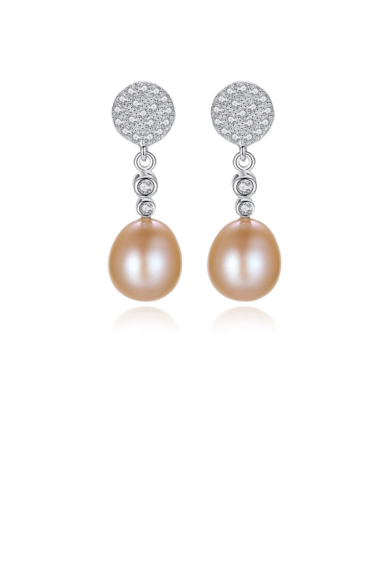 925 Sterling Silver Fashion Simple Geometric Round Pink Freshwater Pearl Earrings with Cubic Zirconia - Luxurious Look - Vibrant Color