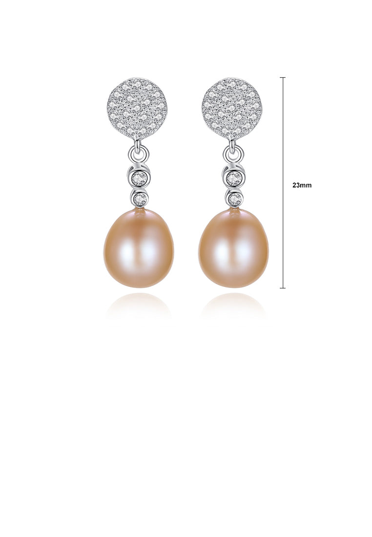 925 Sterling Silver Fashion Simple Geometric Round Pink Freshwater Pearl Earrings with Cubic Zirconia - Luxurious Look - Vibrant Color