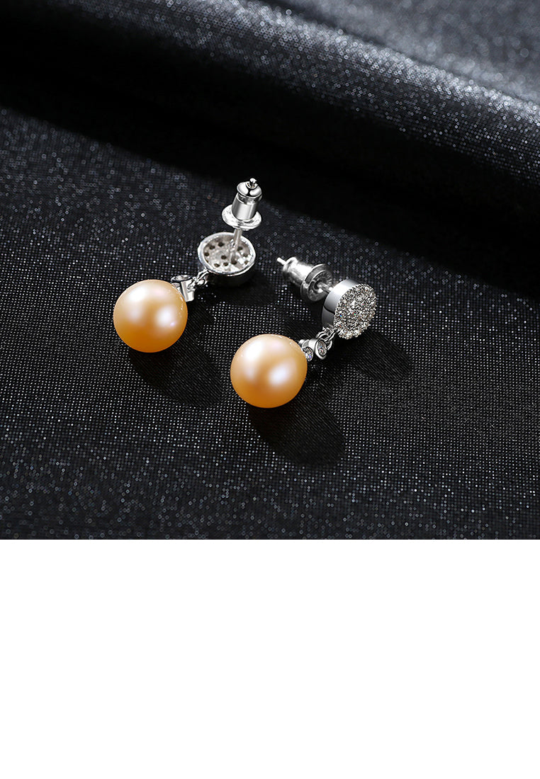 925 Sterling Silver Fashion Simple Geometric Round Pink Freshwater Pearl Earrings with Cubic Zirconia - Luxurious Look - Vibrant Color