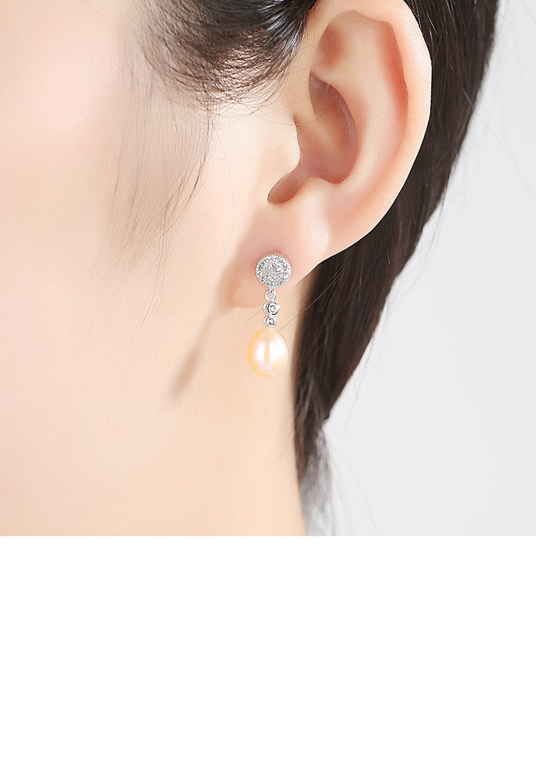 925 Sterling Silver Fashion Simple Geometric Round Pink Freshwater Pearl Earrings with Cubic Zirconia - Luxurious Look - Vibrant Color