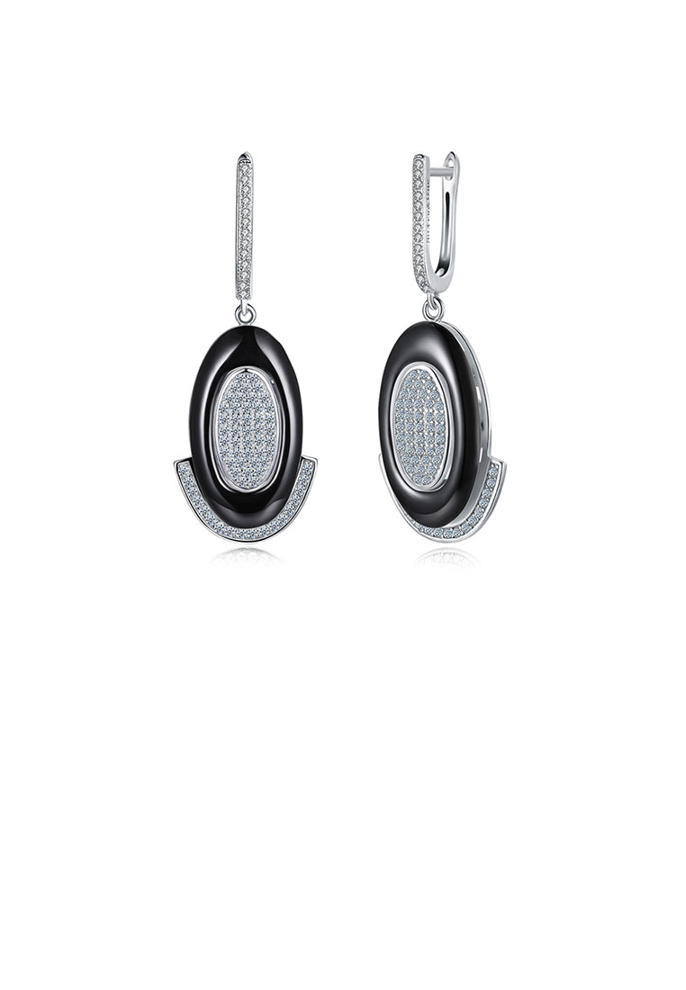 925 Sterling Silve Simple Elegant Noble Romantic Geometric Oval Circle Black Ceramic Earrings with Cubic Zircon
