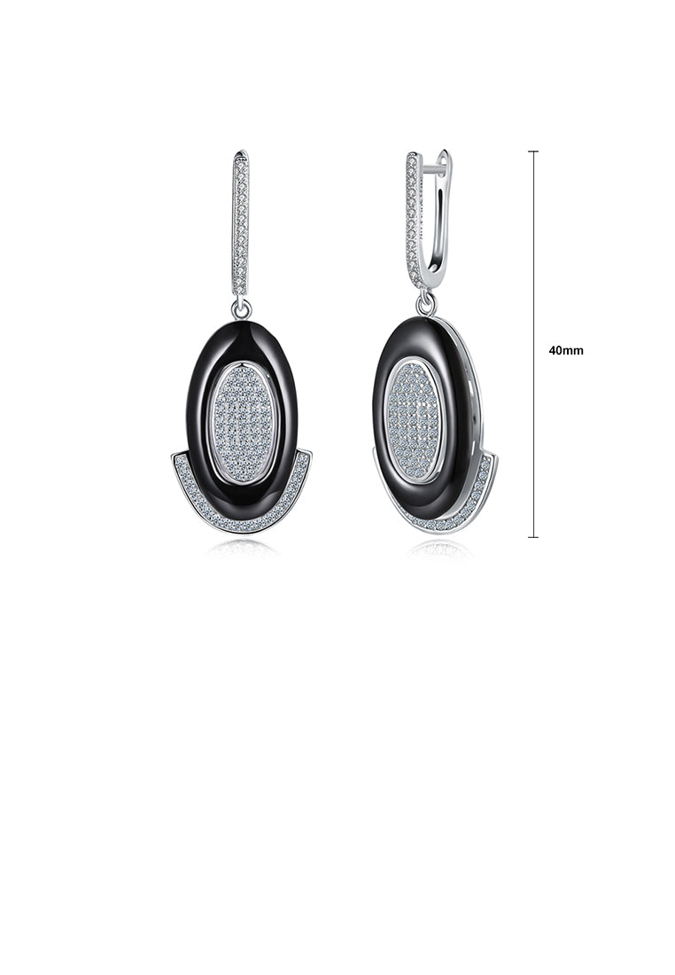 925 Sterling Silve Simple Elegant Noble Romantic Geometric Oval Circle Black Ceramic Earrings with Cubic Zircon