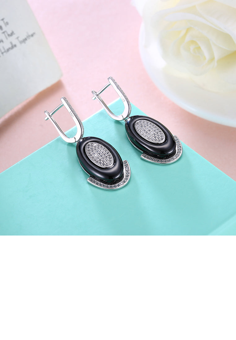 925 Sterling Silve Simple Elegant Noble Romantic Geometric Oval Circle Black Ceramic Earrings with Cubic Zircon