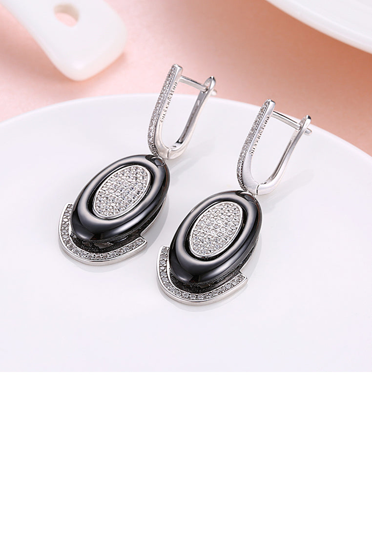 925 Sterling Silve Simple Elegant Noble Romantic Geometric Oval Circle Black Ceramic Earrings with Cubic Zircon