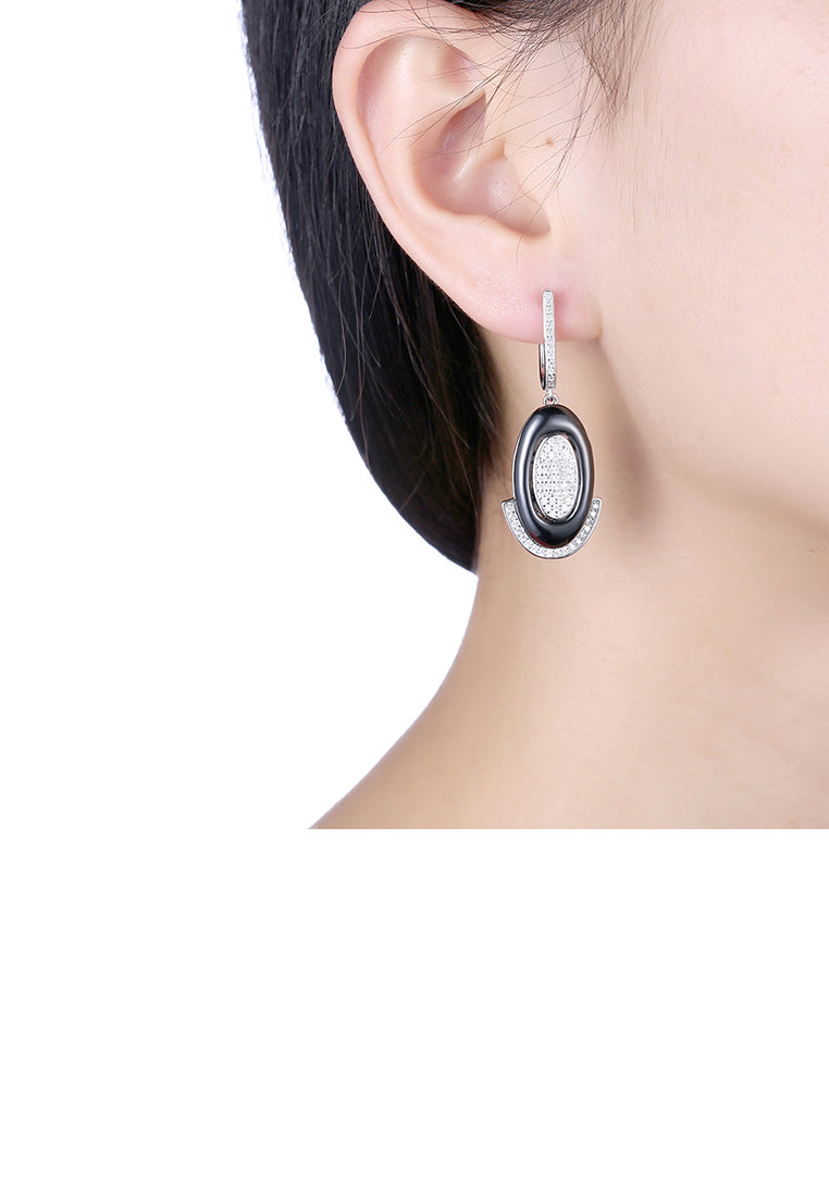 925 Sterling Silve Simple Elegant Noble Romantic Geometric Oval Circle Black Ceramic Earrings with Cubic Zircon