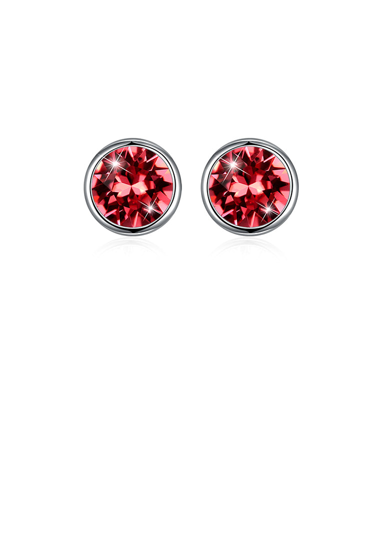 925 Sterling Silver Simple Round Earrings with Pink Austrian Element Crystal - Vibrant Color