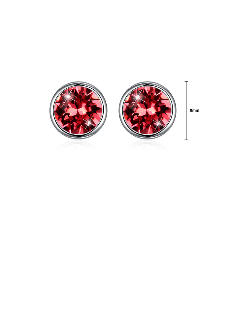 925 Sterling Silver Simple Round Earrings with Pink Austrian Element Crystal - Vibrant Color