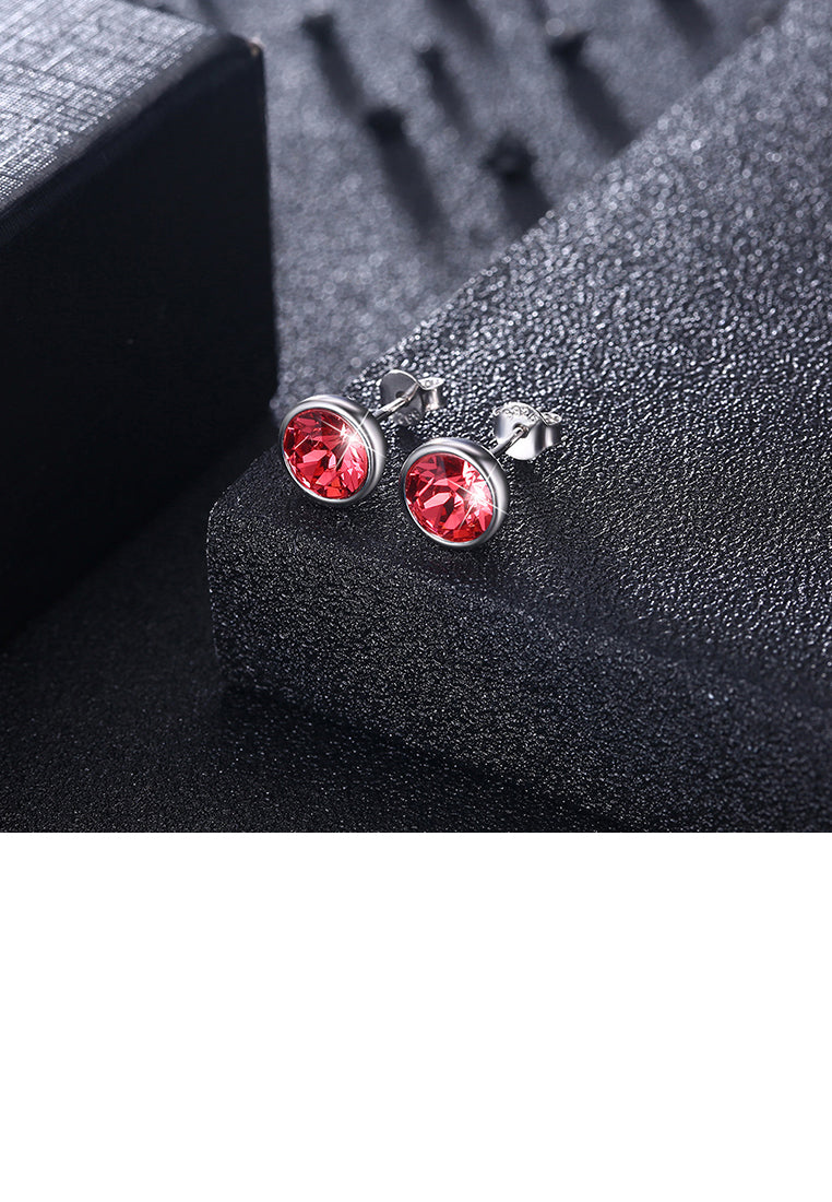 925 Sterling Silver Simple Round Earrings with Pink Austrian Element Crystal - Vibrant Color