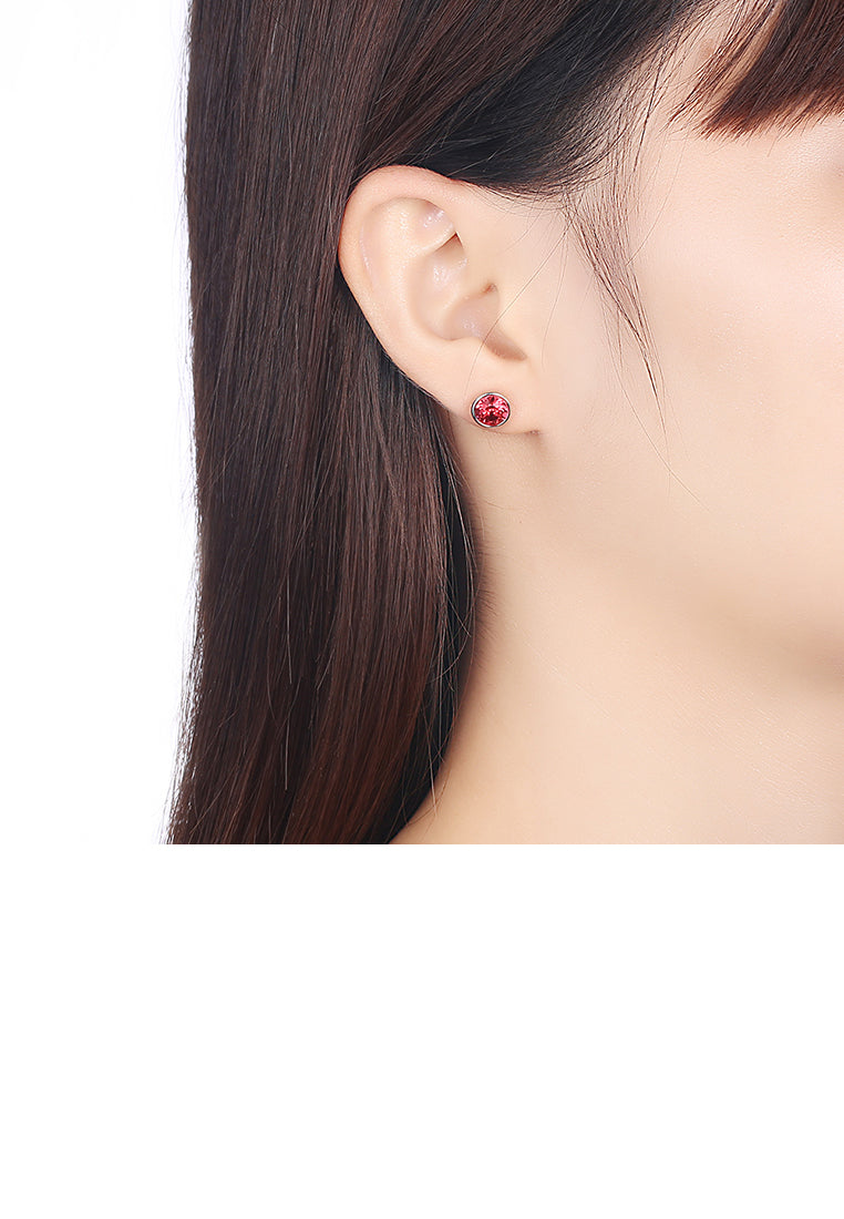 925 Sterling Silver Simple Round Earrings with Pink Austrian Element Crystal - Vibrant Color