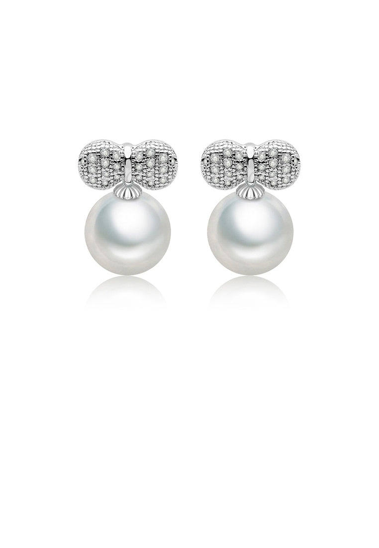 Simple and Lovely Ribbon Imitation Pearl Earrings with Cubic Zirconia - Luxurious Look