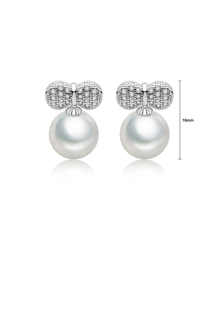 Simple and Lovely Ribbon Imitation Pearl Earrings with Cubic Zirconia - Luxurious Look