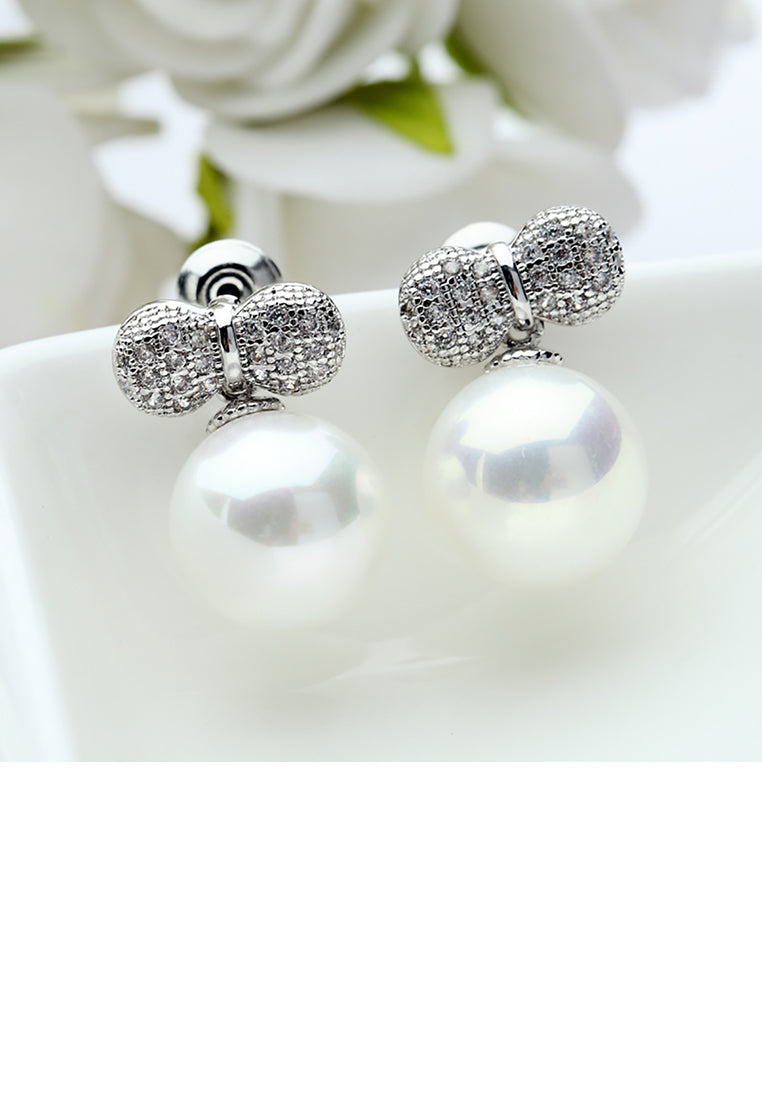 Simple and Lovely Ribbon Imitation Pearl Earrings with Cubic Zirconia - Luxurious Look