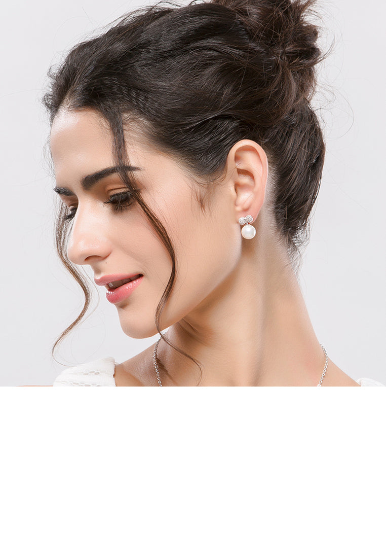 Simple and Lovely Ribbon Imitation Pearl Earrings with Cubic Zirconia - Luxurious Look