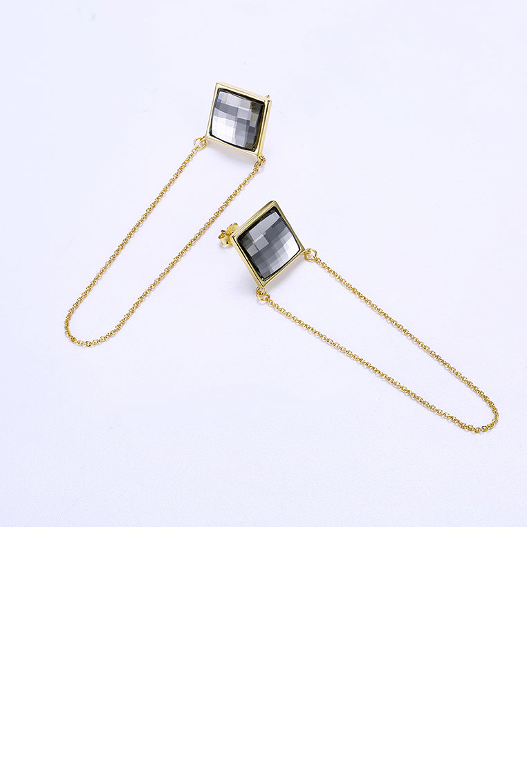 925 Sterling Silver Plated Gold Gray Austrian Element Crystal Tassel Earrings