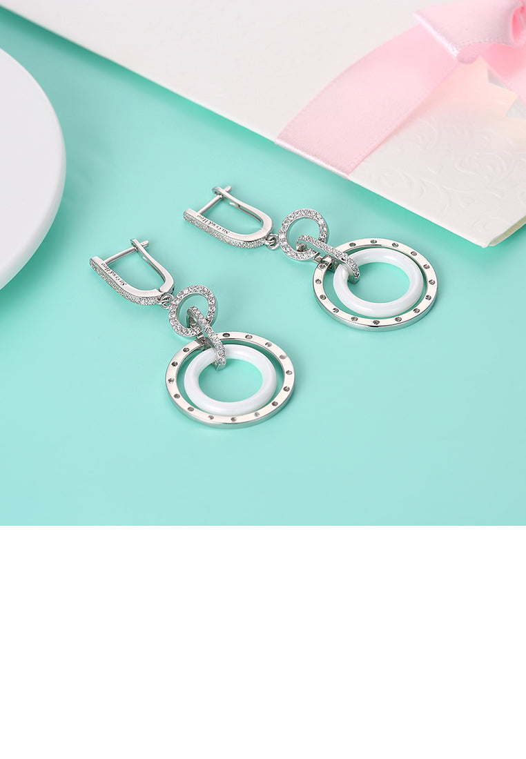 925 Sterling Silver Circle Earrings with White Austrian Element Crystal