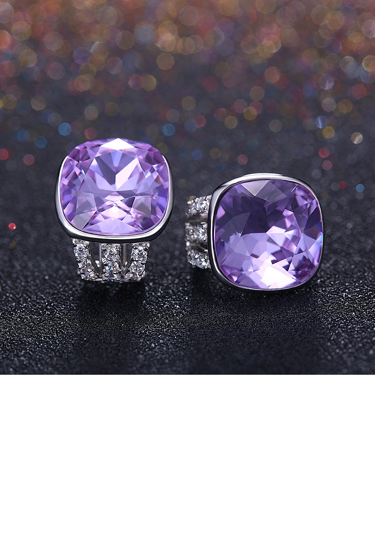925 Sterling Silver Fashion Elegant Geometric Square Purple Austrian Element Crystal Earrings
