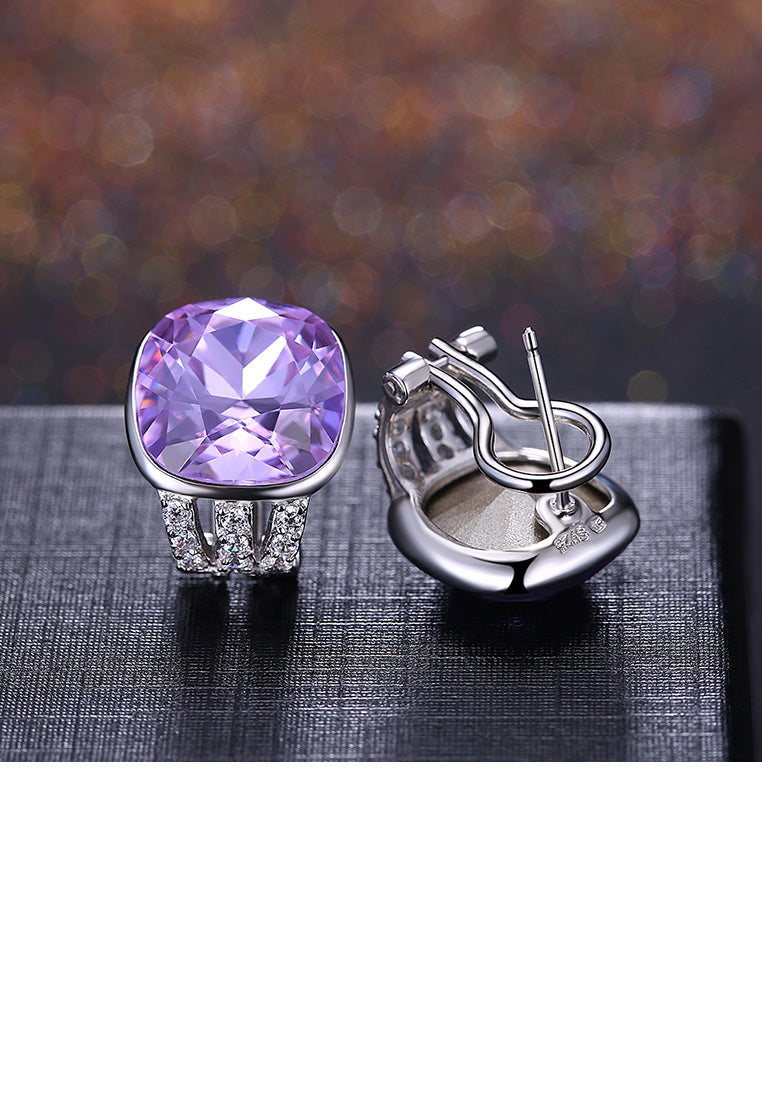 925 Sterling Silver Fashion Elegant Geometric Square Purple Austrian Element Crystal Earrings