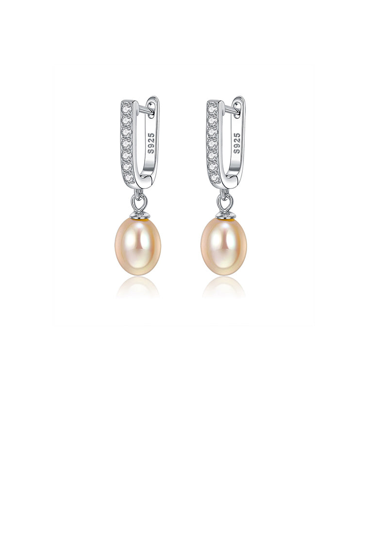 925 Sterling Silver Elegant Personality Geometric Cubic Zirconia Earrings with Orange Imitation Pearls - Luxurious Look