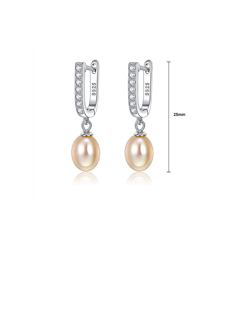 925 Sterling Silver Elegant Personality Geometric Cubic Zirconia Earrings with Orange Imitation Pearls - Luxurious Look