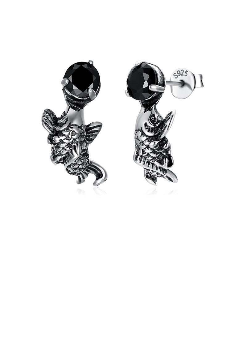 925 Sterling Silver Fashion Carp Black Cubic Zircon Earrings