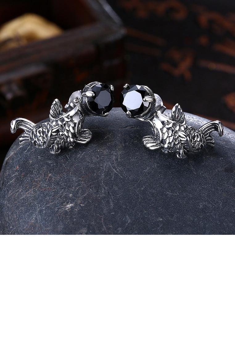 925 Sterling Silver Fashion Carp Black Cubic Zircon Earrings