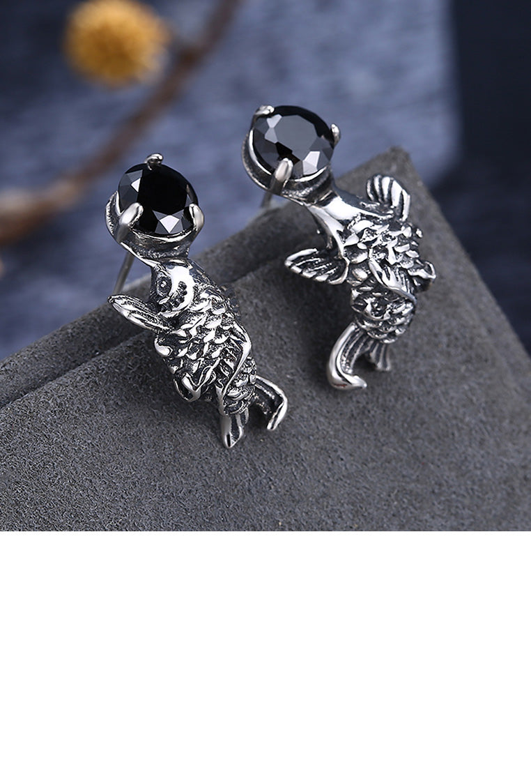 925 Sterling Silver Fashion Carp Black Cubic Zircon Earrings