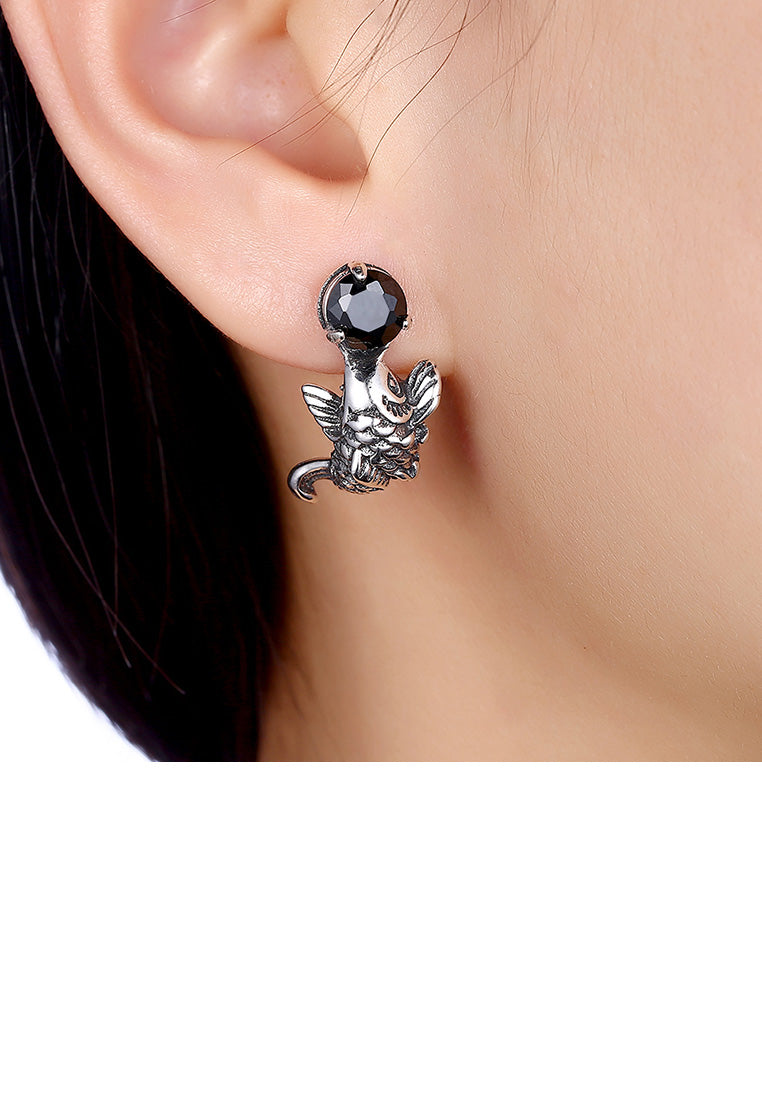 925 Sterling Silver Fashion Carp Black Cubic Zircon Earrings