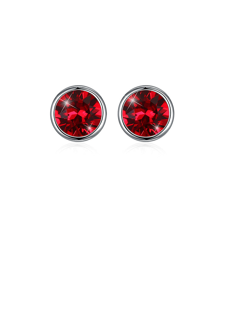 925 Sterling Silver Simple Round Stud Earrings with Red Austrian Element Crystal - Vibrant Color