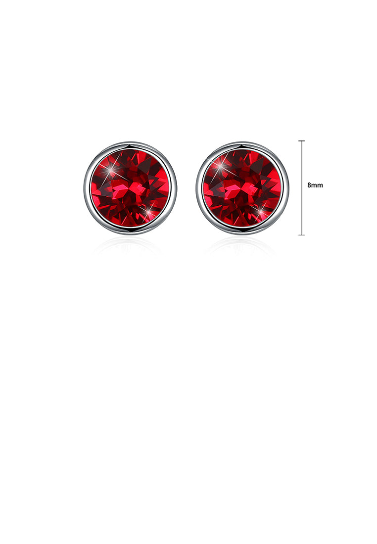 925 Sterling Silver Simple Round Stud Earrings with Red Austrian Element Crystal - Vibrant Color