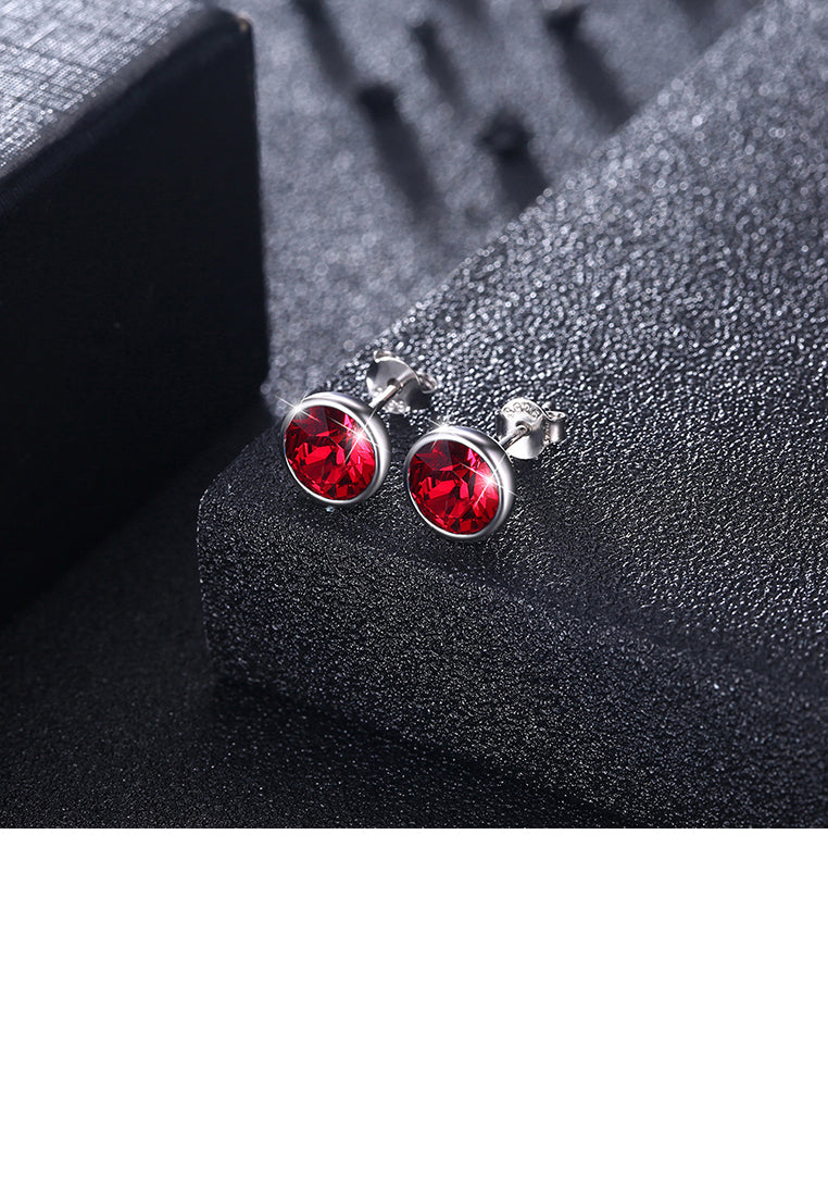 925 Sterling Silver Simple Round Stud Earrings with Red Austrian Element Crystal - Vibrant Color