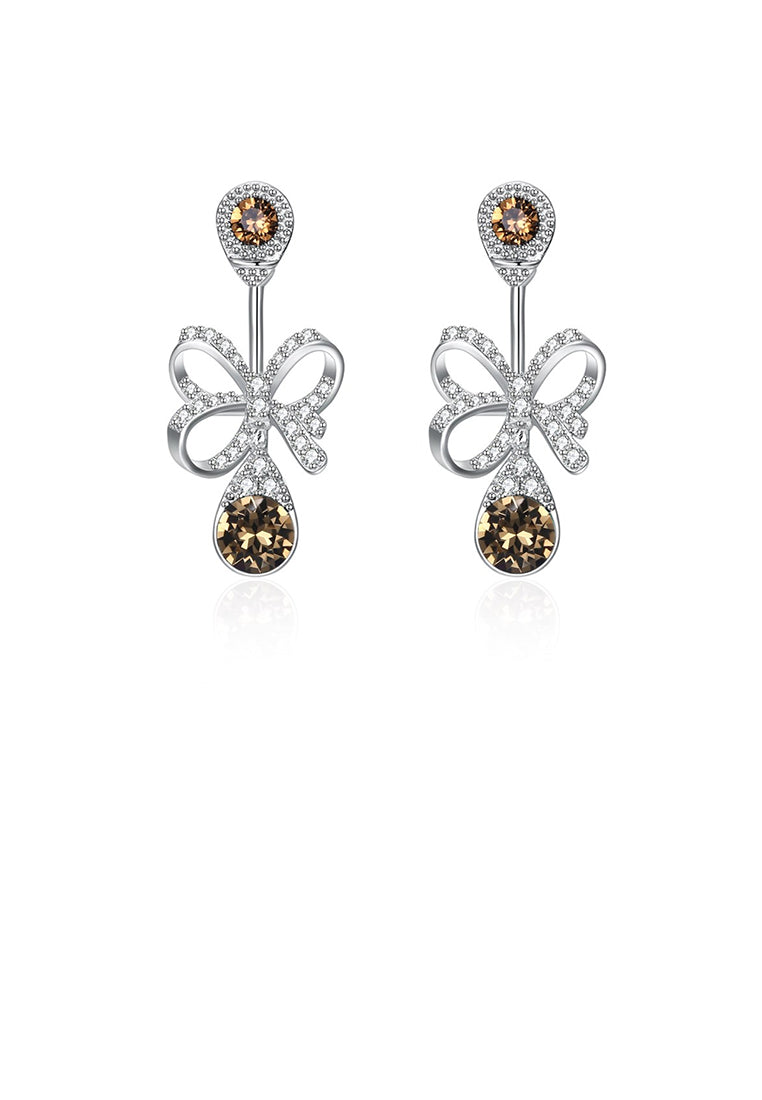 925 Sterling Silver Elegant Fashion Romantic Bowknot and Water Drop Shape Earrings with Champagne Austrian Element Crystal