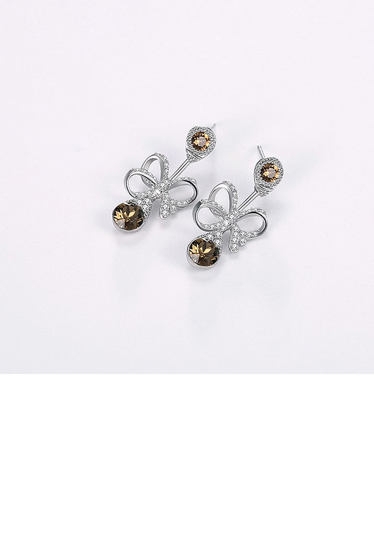 925 Sterling Silver Elegant Fashion Romantic Bowknot and Water Drop Shape Earrings with Champagne Austrian Element Crystal