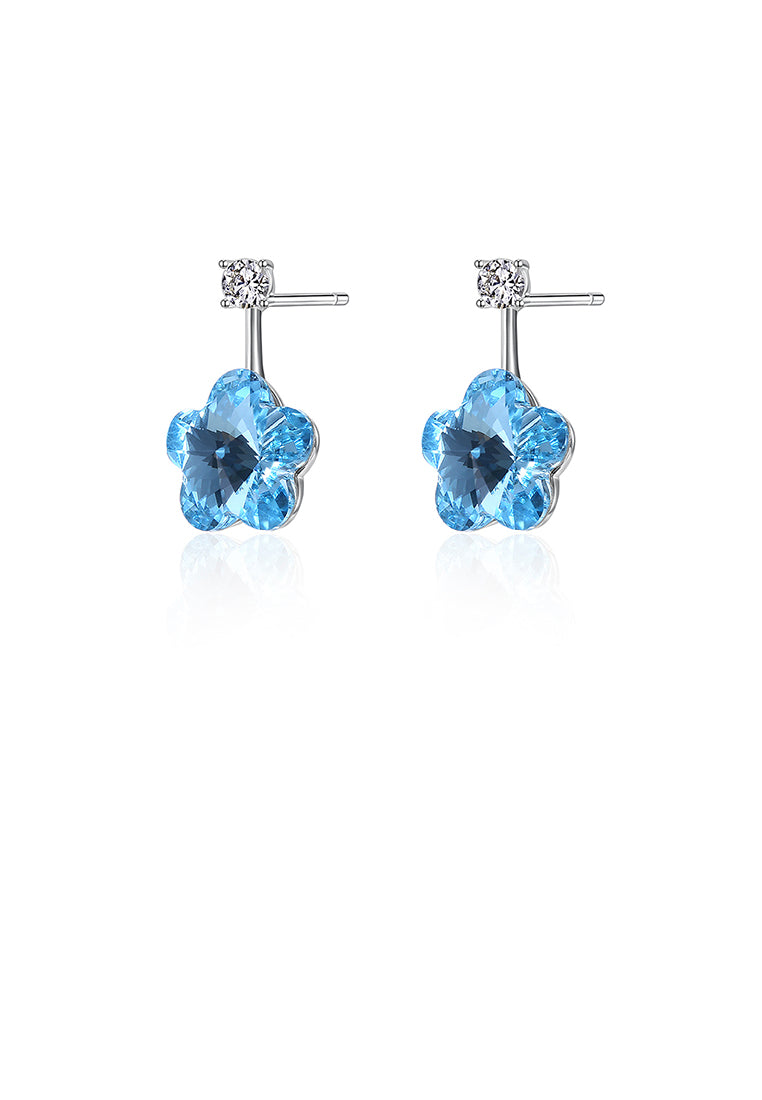 925 Sterling Silver Flower Earrings with Blue Austrian Element Crystal