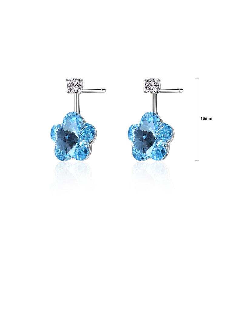 925 Sterling Silver Flower Earrings with Blue Austrian Element Crystal