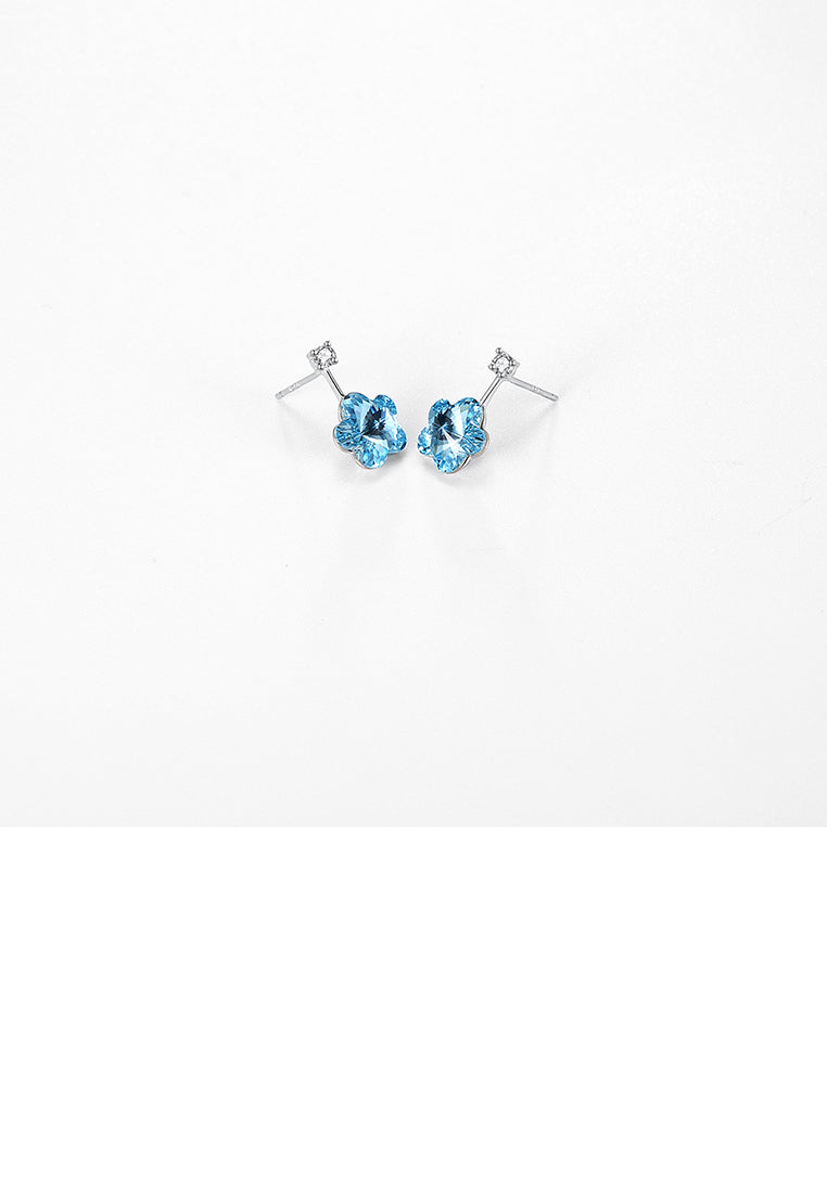 925 Sterling Silver Flower Earrings with Blue Austrian Element Crystal