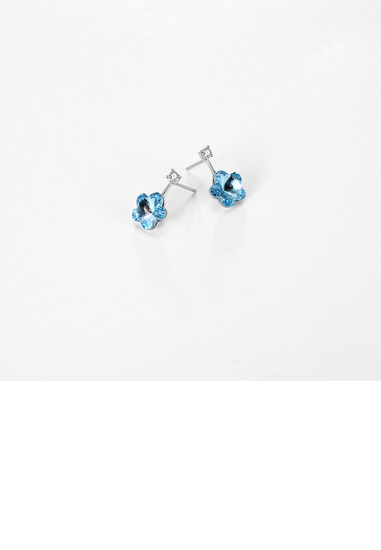 925 Sterling Silver Flower Earrings with Blue Austrian Element Crystal